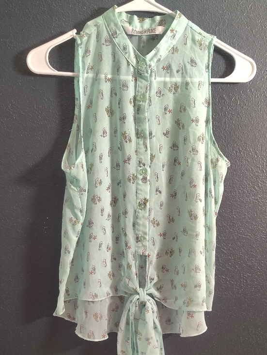Patrons of Peace Tops - Patrons of Peace Mint Green whimsical Sleeveless Tie-Front Seahorse Sheer Crop